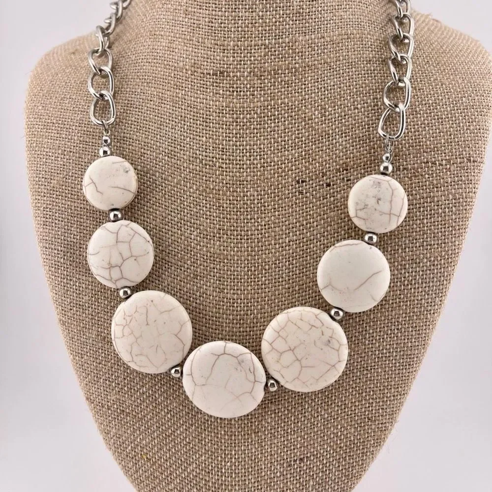 White Buffalo Style Spotted White Stone Howlite Silver Tone Necklace